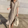 Lady Summer Casual Button-Down Shirt Dress Cotton Linen Long Tunic Beach Kaftan
